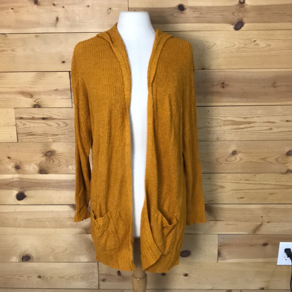 LAST CALL EXPRESS Gold slouchy oversized open hooded cardigan sweater LG EUC